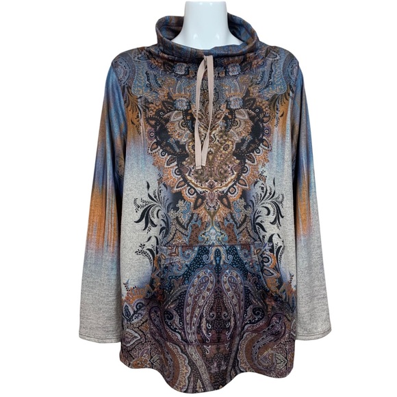 World Unity Embellished Graphic Drawstring Cowl Neck Top Size 2X - Picture 2 of 10